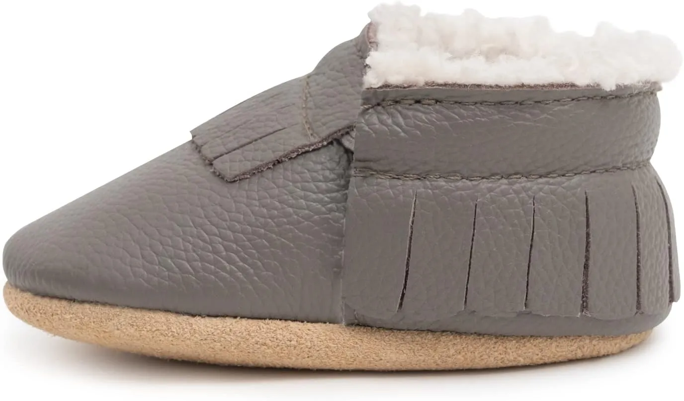 BirdRock Baby Sherpa Moccasins - Cozy, Genuine Leather Winter Shoes for Boys and Girls