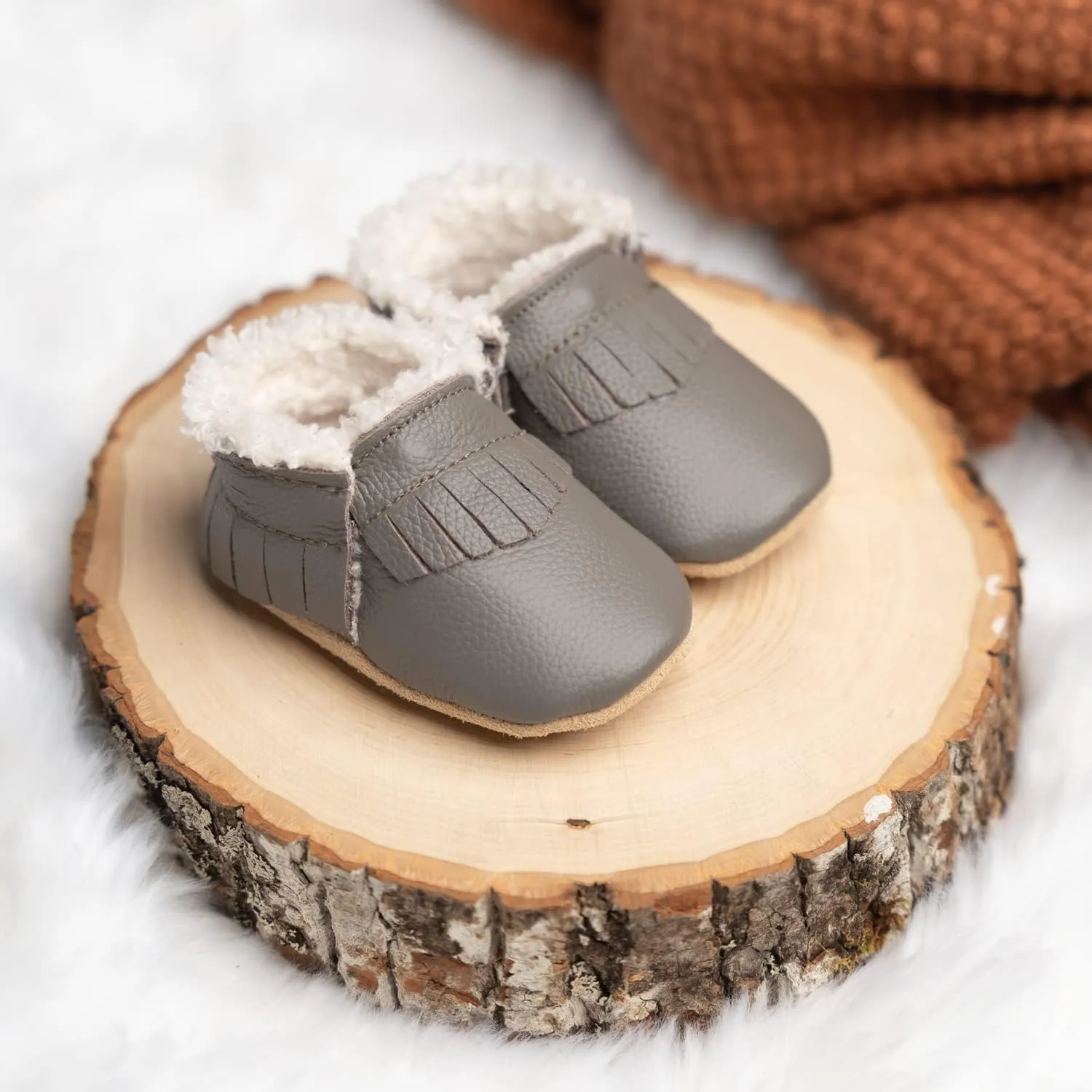 BirdRock Baby Sherpa Moccasins - Cozy, Genuine Leather Winter Shoes for Boys and Girls