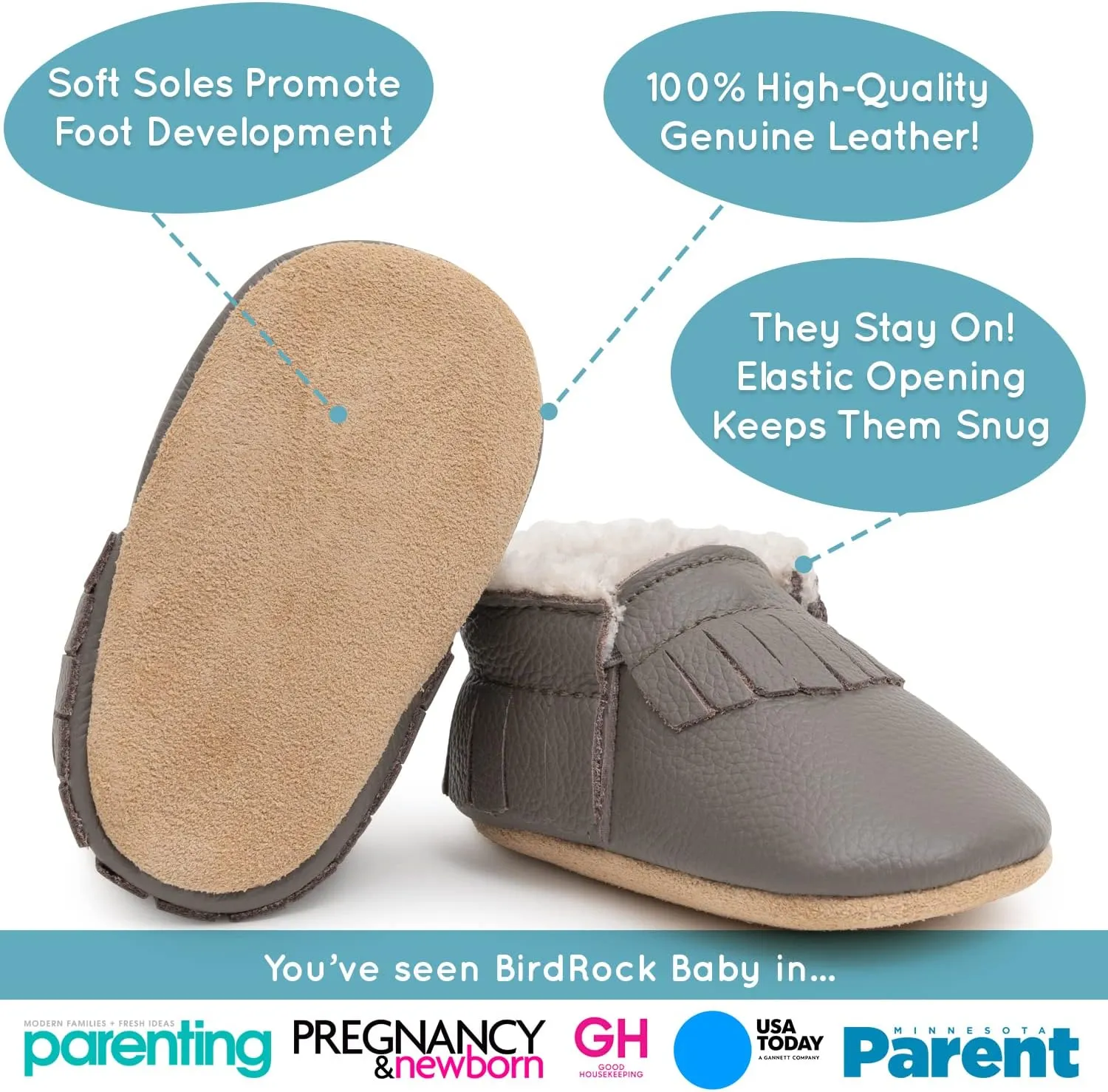 BirdRock Baby Sherpa Moccasins - Cozy, Genuine Leather Winter Shoes for Boys and Girls