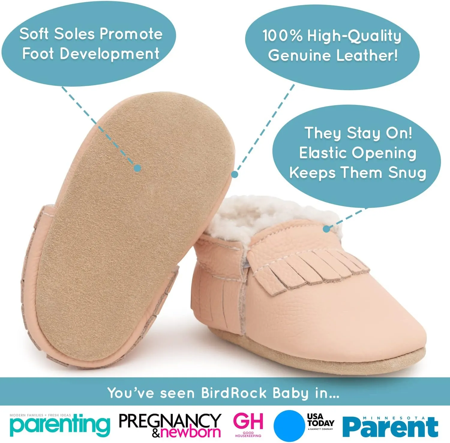 BirdRock Baby Sherpa Moccasins - Cozy, Genuine Leather Winter Shoes for Boys and Girls