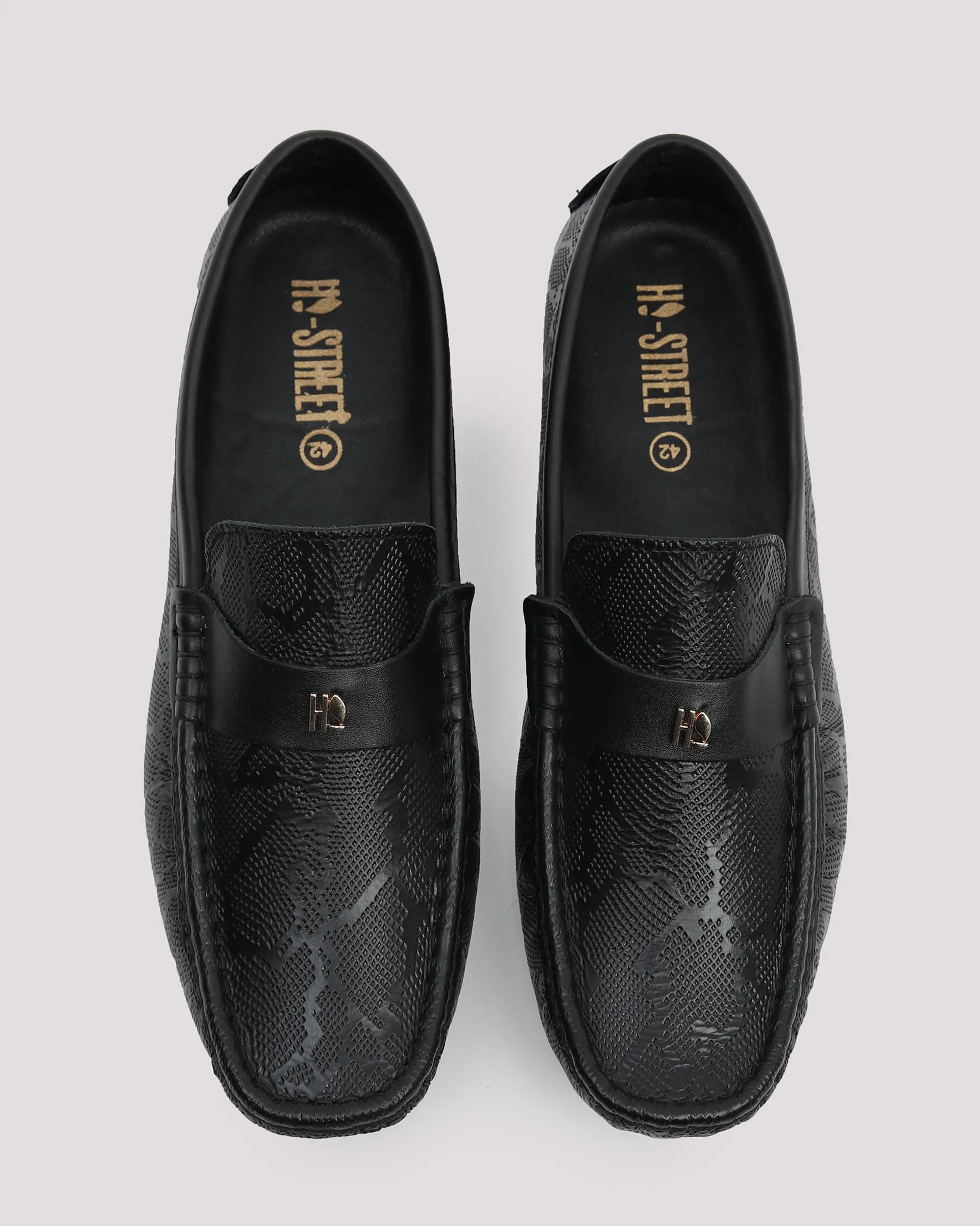 Black Textured Leather Moccasins