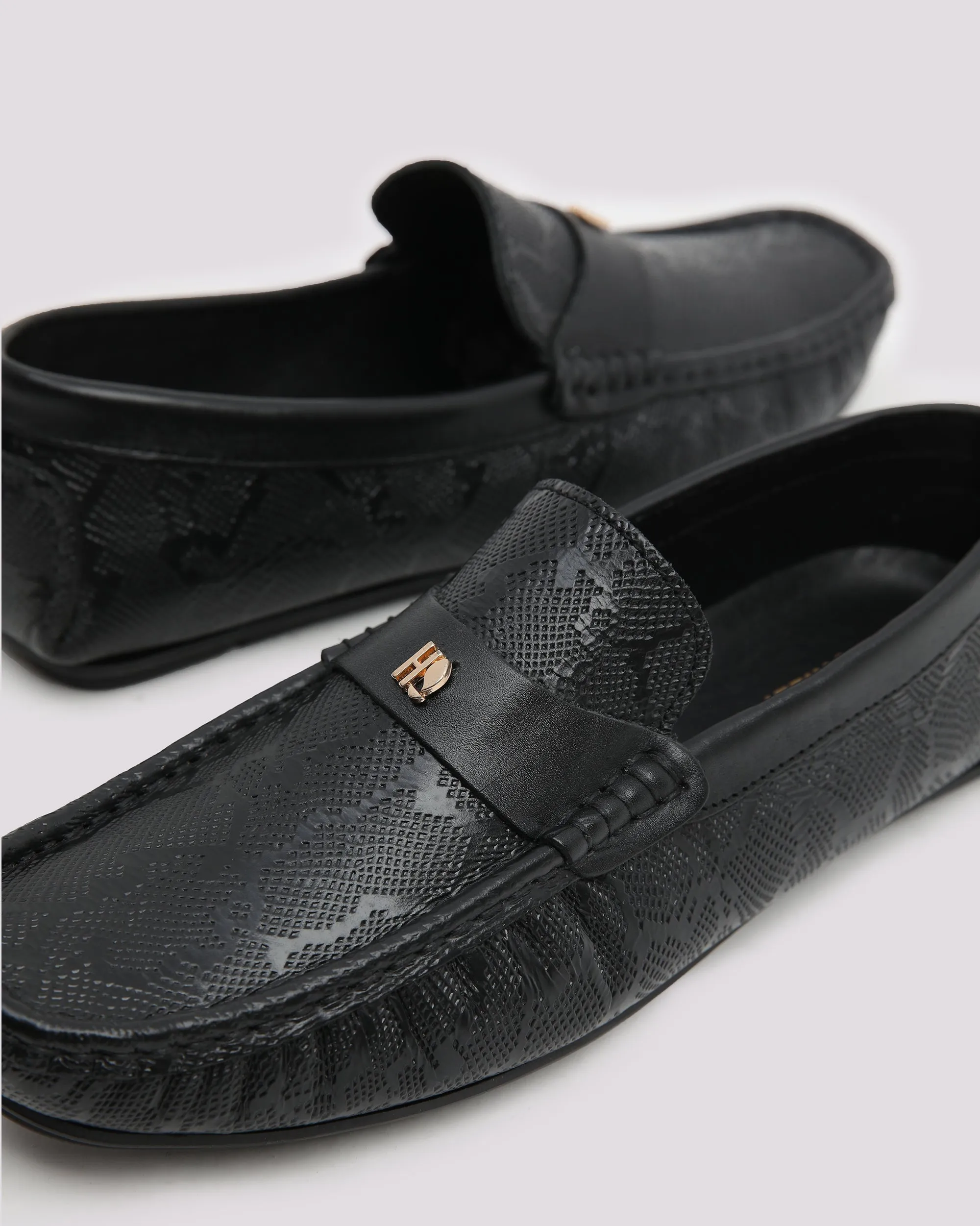 Black Textured Leather Moccasins