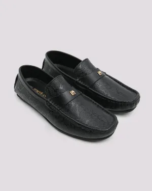 Black Textured Leather Moccasins