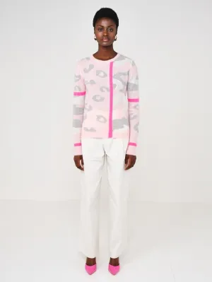 Brodie Cashmere Ava Leopard Contrast Sweater Cherry Blossom