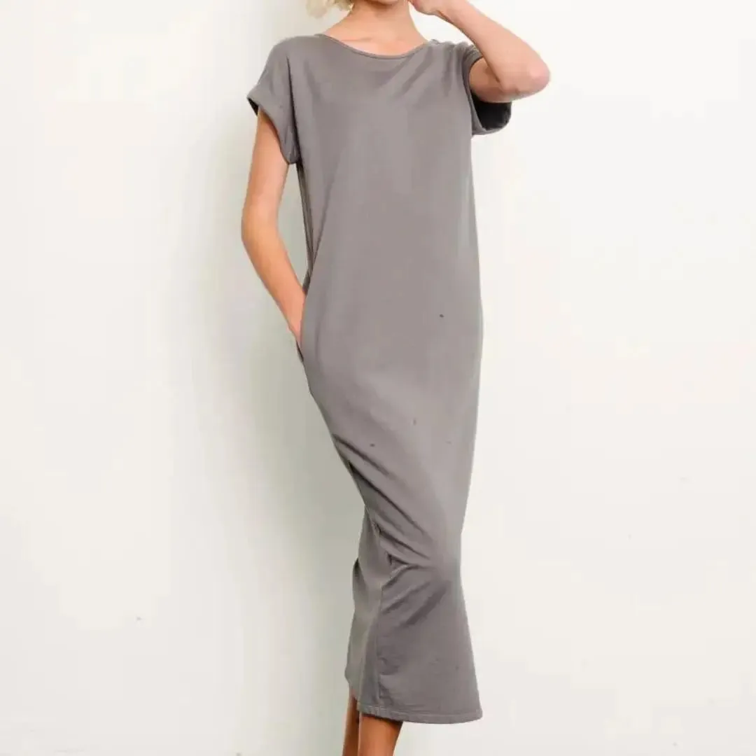 Brushed Organic Hemp Side Slit Dress - Dull Grey
