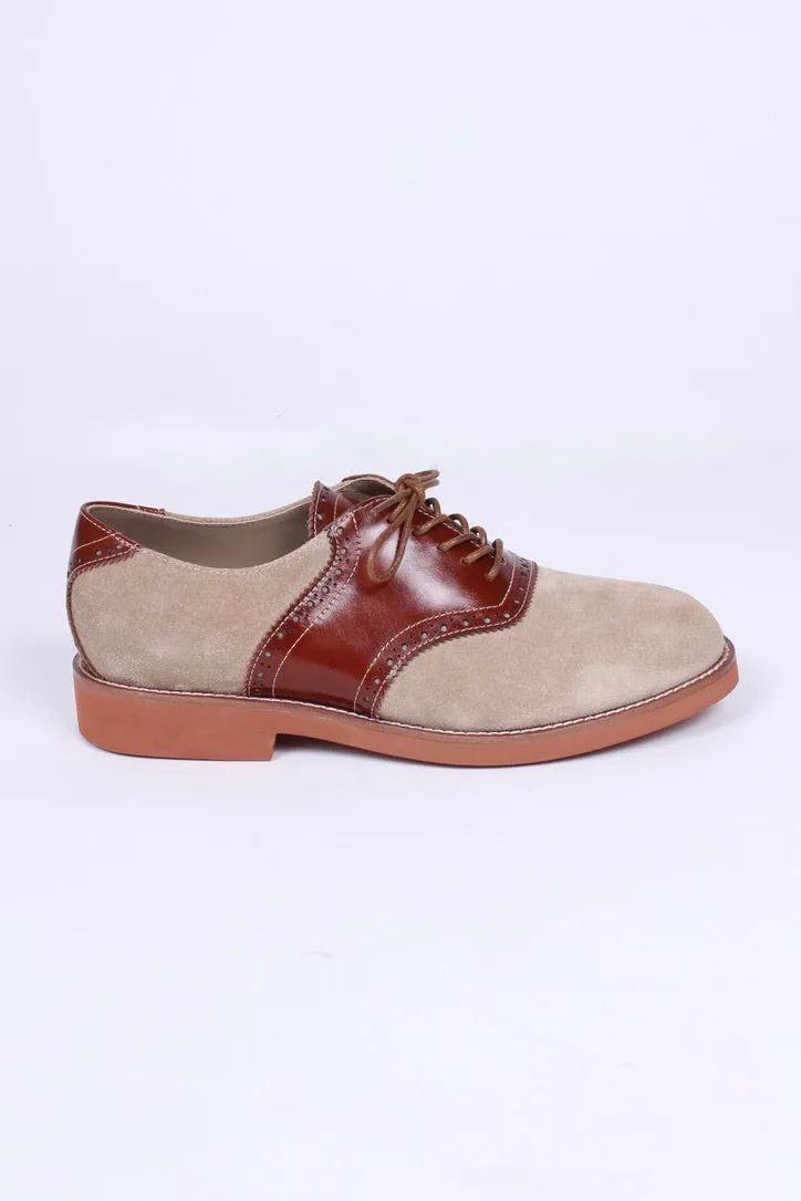 Dame 1950'er oxford snøresko i læder og ruskind. Cognac / sand - Elliot.