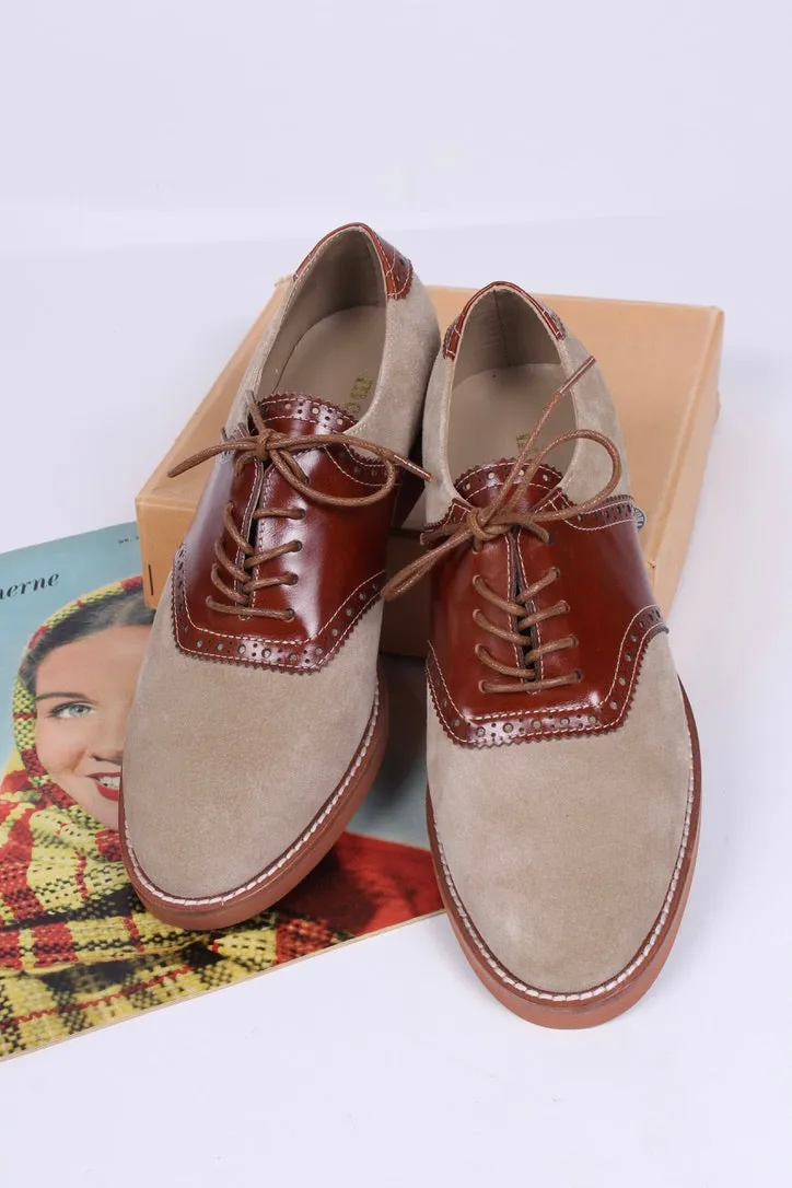 Dame 1950'er oxford snøresko i læder og ruskind. Cognac / sand - Elliot.