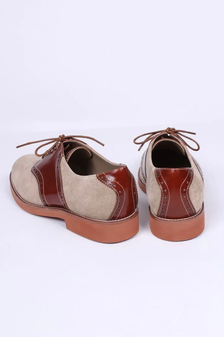 Dame 1950'er oxford snøresko i læder og ruskind. Cognac / sand - Elliot.