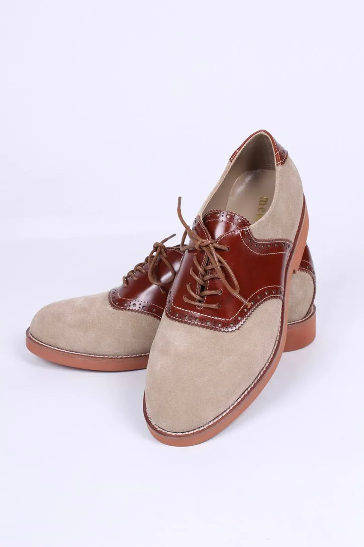 Dame 1950'er oxford snøresko i læder og ruskind. Cognac / sand - Elliot.