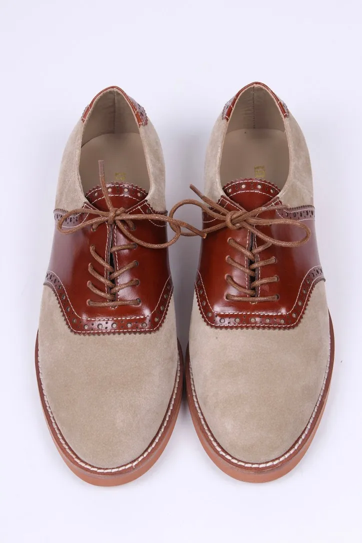 Dame 1950'er oxford snøresko i læder og ruskind. Cognac / sand - Elliot.