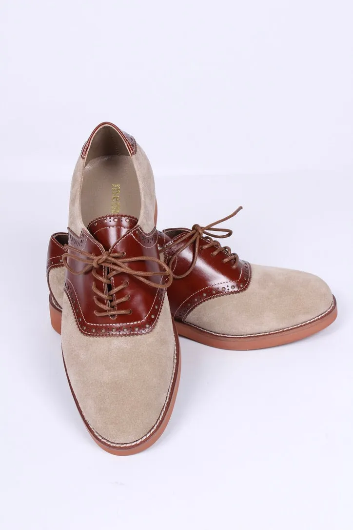 Dame 1950'er oxford snøresko i læder og ruskind. Cognac / sand - Elliot.