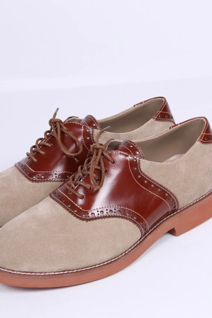 Dame 1950'er oxford snøresko i læder og ruskind. Cognac / sand - Elliot.