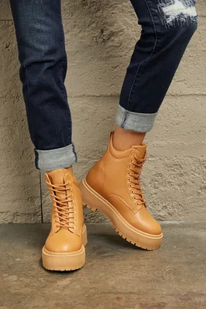 East Lion Corp Platform Combat Chunky Thick Sole Caramel Tan Lace Up Bootie Boots