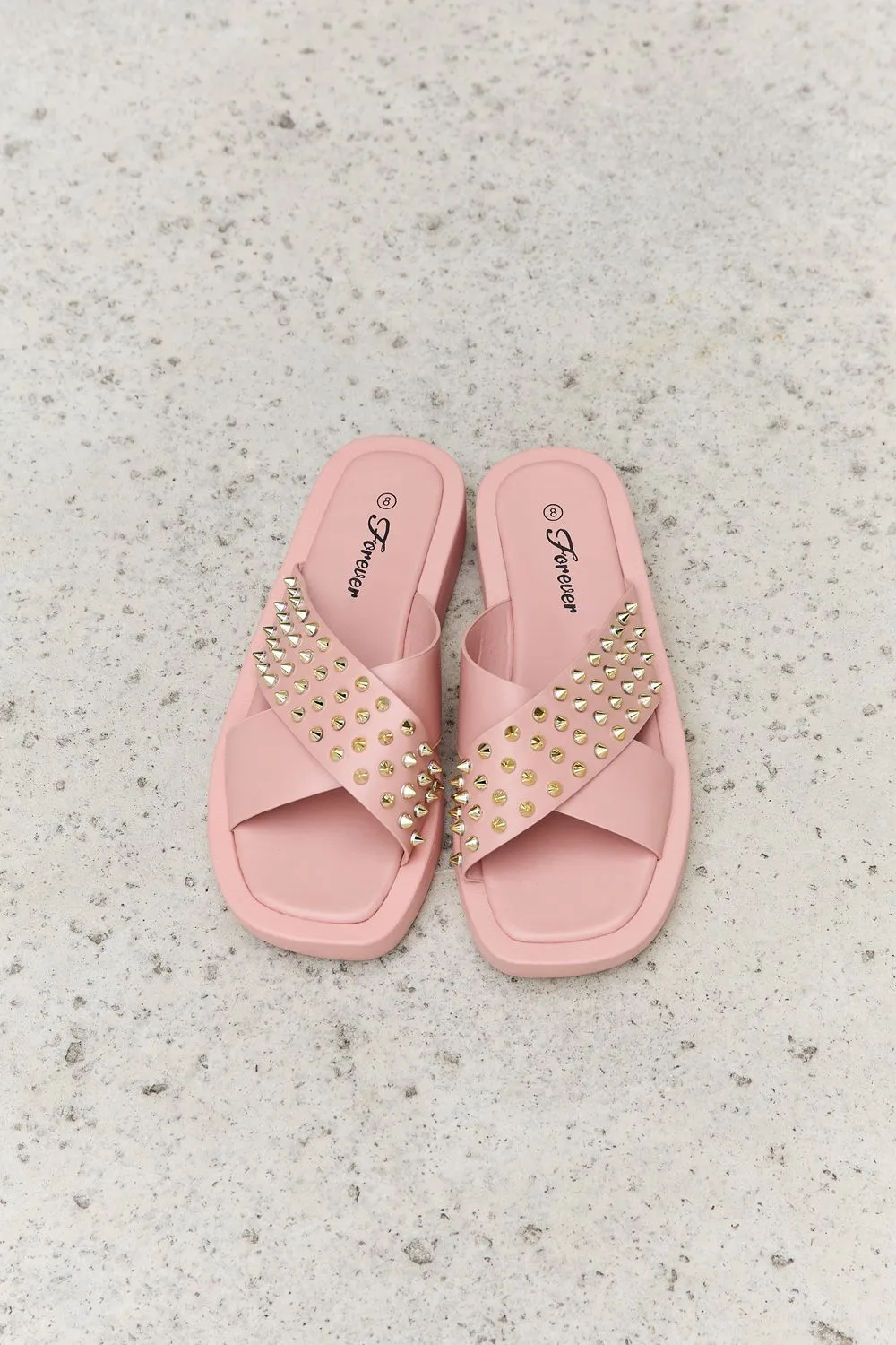 Forever Link Studded Cross Strap Slide On Slip In Platform Flat Sandals in Blush Pink