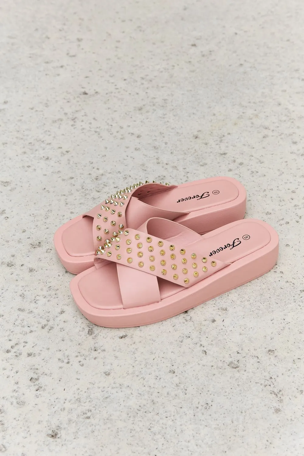 Forever Link Studded Cross Strap Slide On Slip In Platform Flat Sandals in Blush Pink