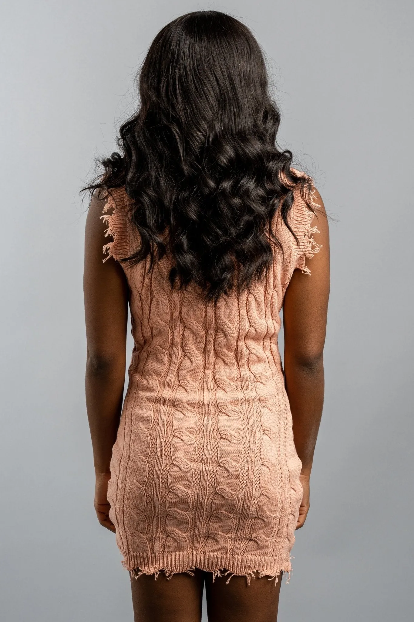 Fray hem sleeveless sweater dress peach