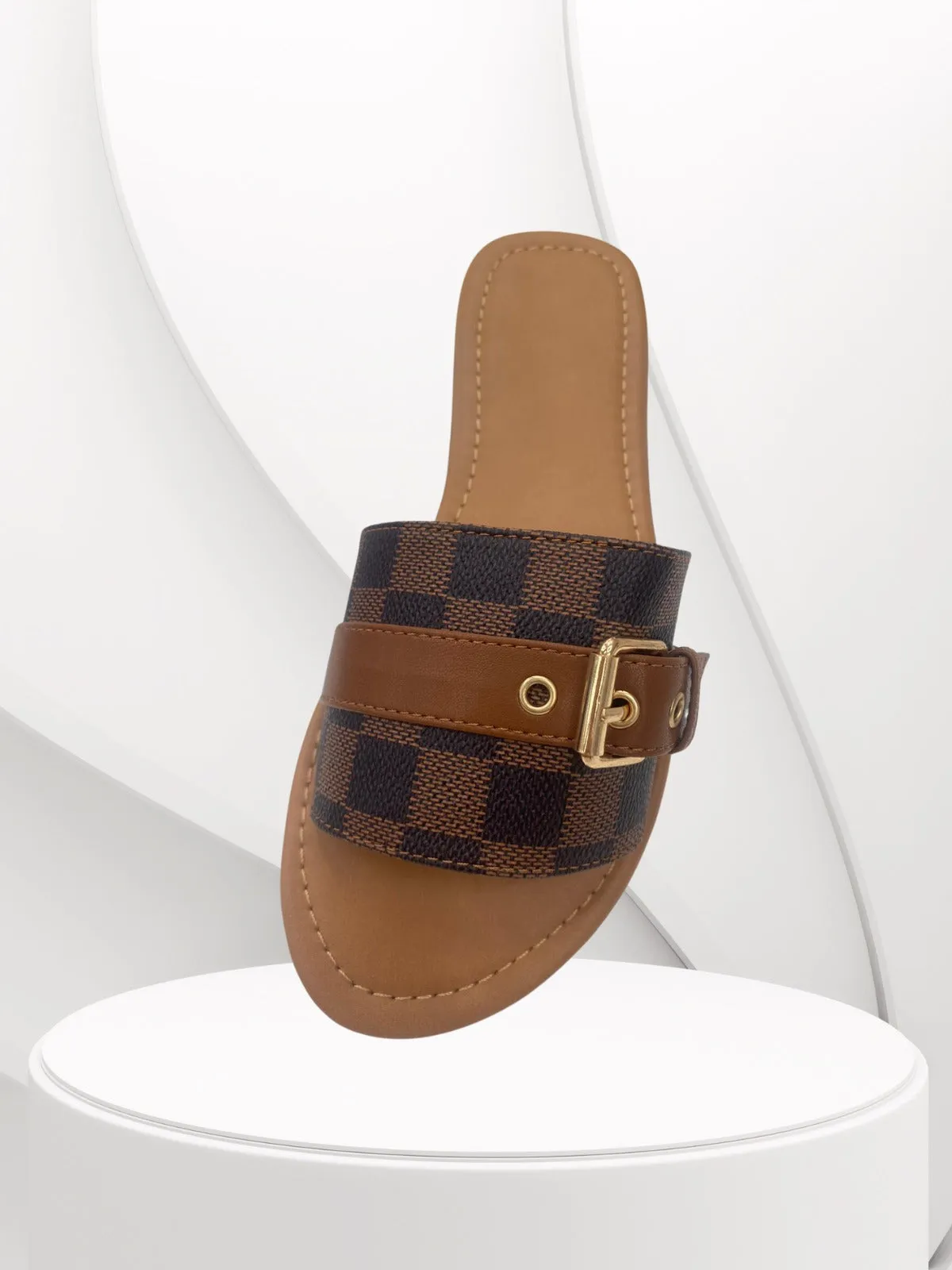 Guchee Brown & Chocolate Pattern Buckle Up Sliders