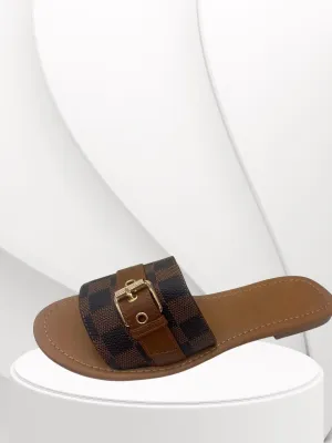 Guchee Brown & Chocolate Pattern Buckle Up Sliders