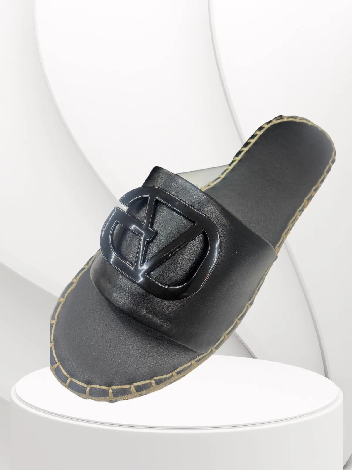 LV- Black Buckle & Wedges Sole  Pattern Sliders