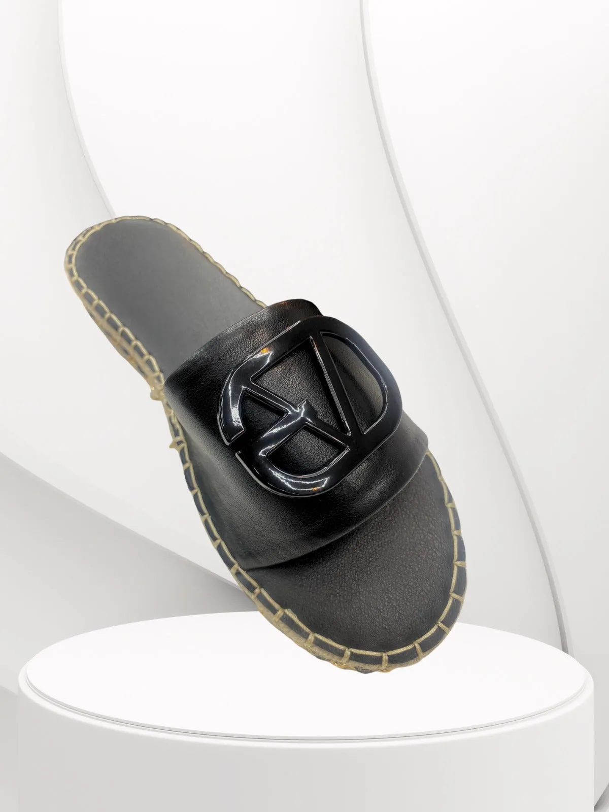 LV- Black Buckle & Wedges Sole  Pattern Sliders