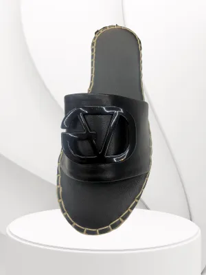 LV- Black Buckle & Wedges Sole  Pattern Sliders