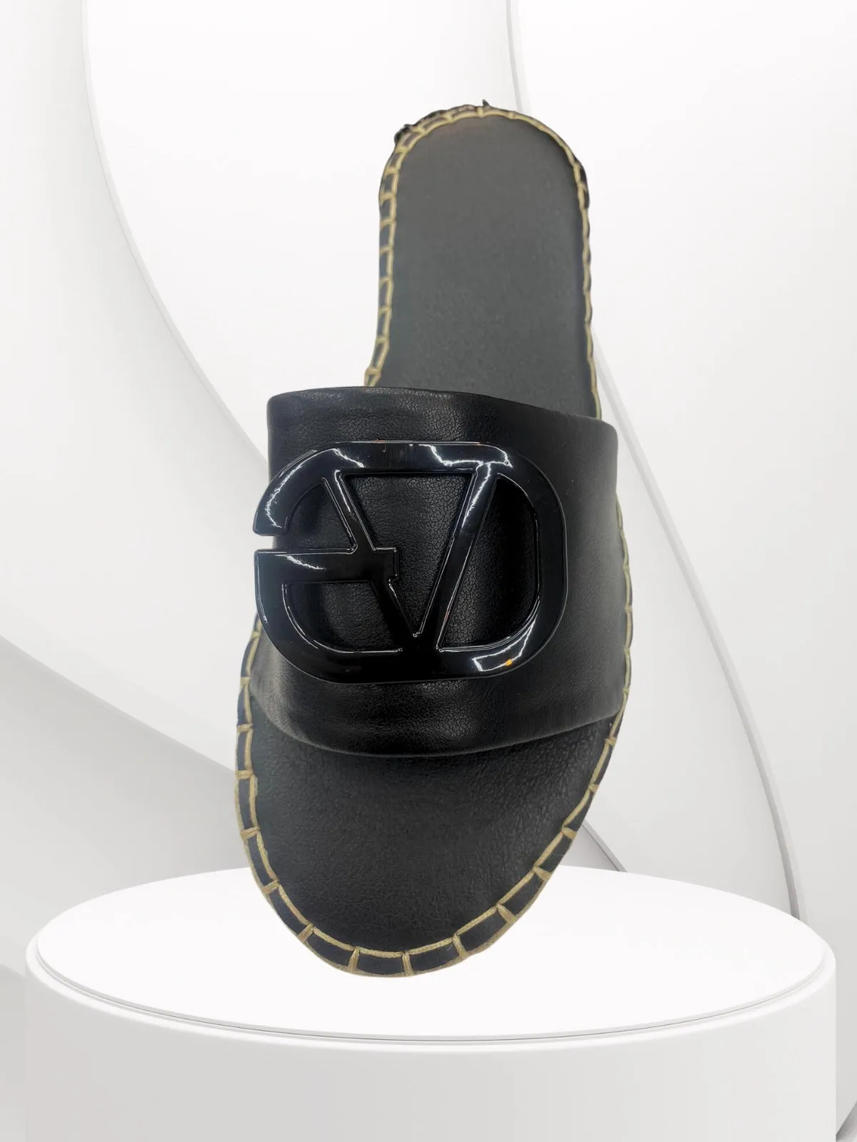 LV- Black Buckle & Wedges Sole  Pattern Sliders