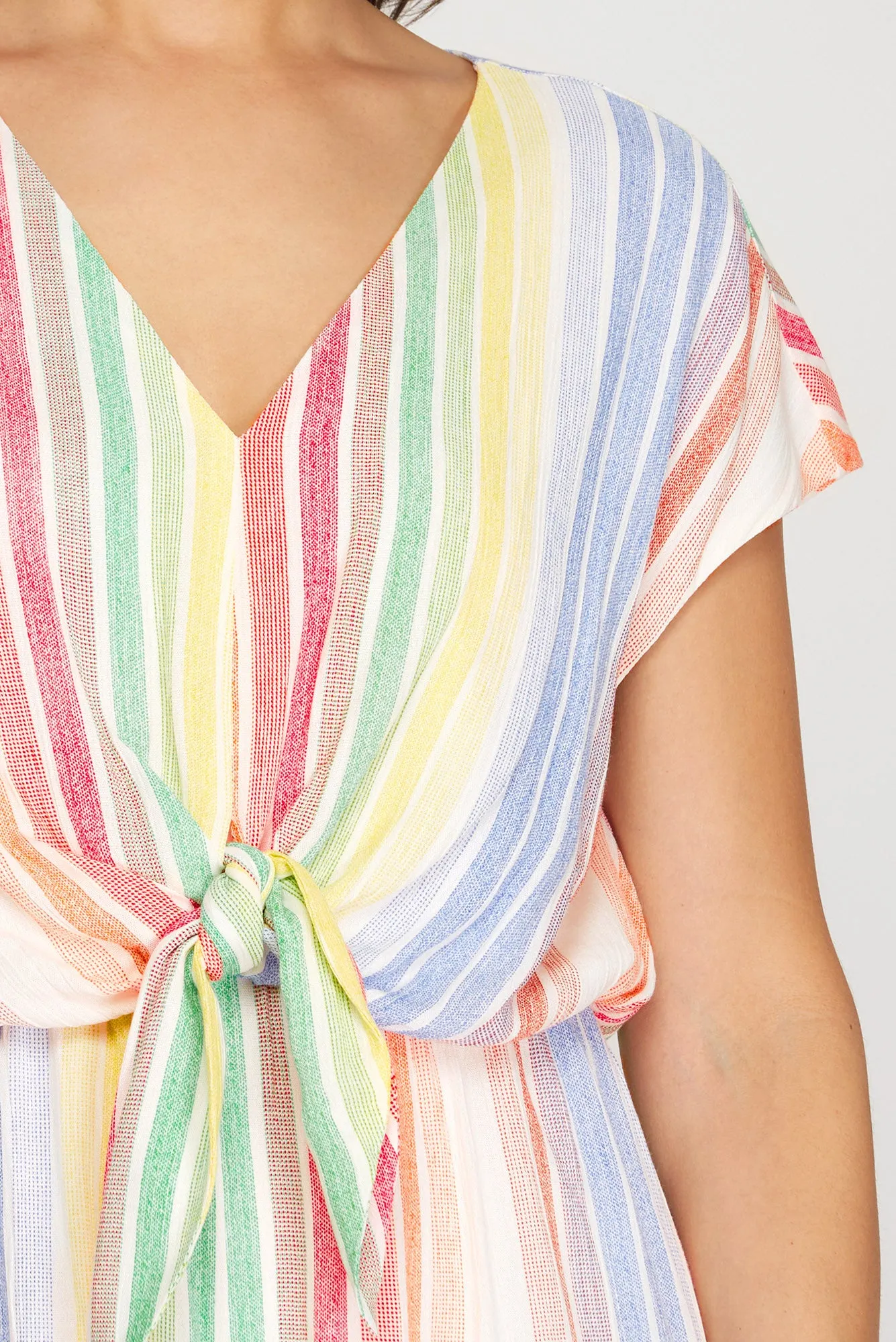 She And Sky Drop Shoulder Woven Striped Romper With Front Tie Detail In Peach Combo