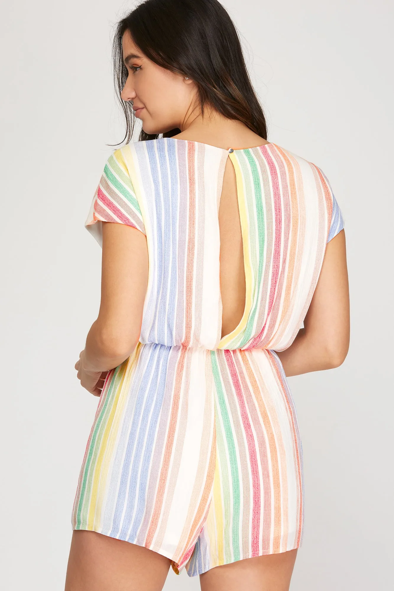 She And Sky Drop Shoulder Woven Striped Romper With Front Tie Detail In Peach Combo