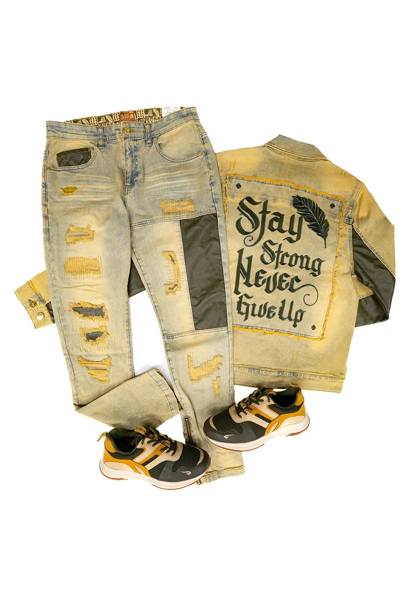 Stay Strong Jean Jacket, Jeans, Dad Hat and Sneakers