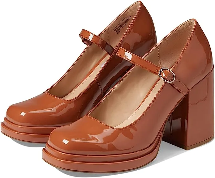 Steve Madden Wish Camel Patent Slip On Block Heel Squared Toe Mary Jane Pumps