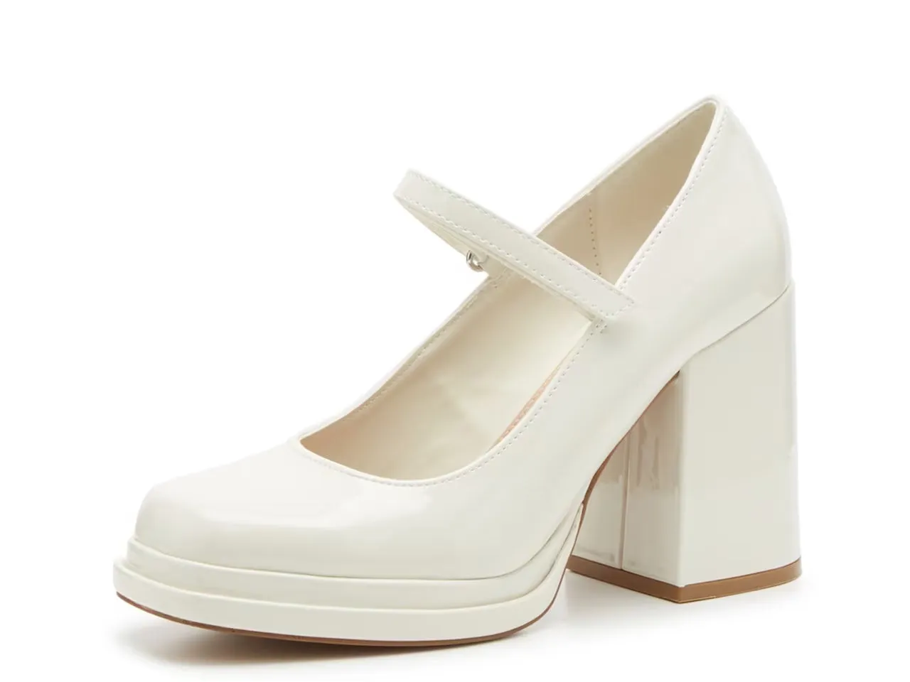 Steve Madden Wish White Patent Slip On Block Heel Squared Toe Mary Jane Pumps