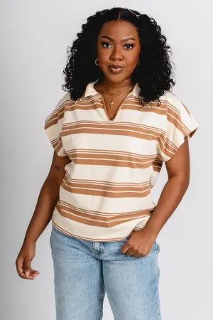 Striped collared top cream/brown