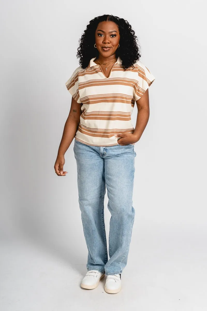 Striped collared top cream/brown