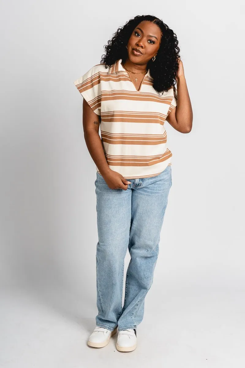 Striped collared top cream/brown