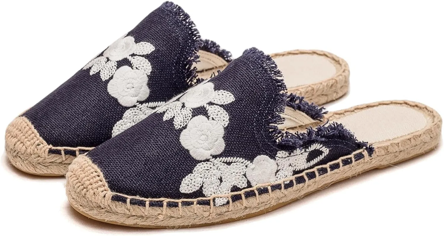 Womens Embroidery Espadrille Mules Flats - Fashion Flats Shoes Comfortable Mule Shoes Breathable Espadrilles Anti-Slip Slipper