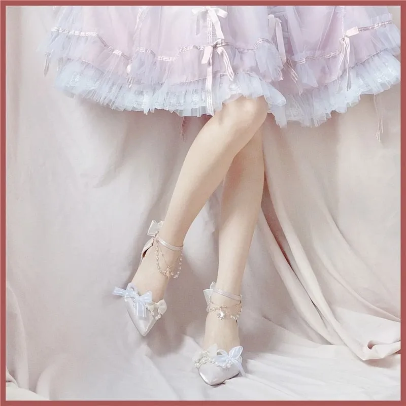 xiangtuibao Princess Female Kawaii Tea Party Japanese Cute Anime Lolita Shoes Women Harujuku Cosplay Bow Pointed Toe Feminine High Heel 8cm