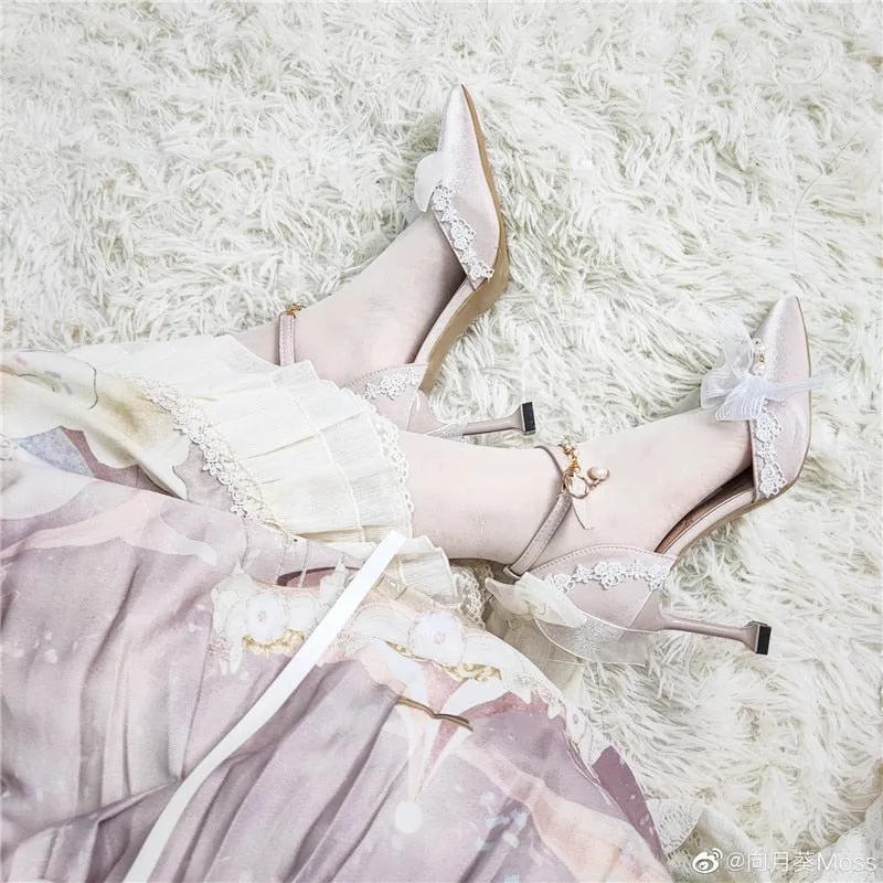 xiangtuibao Princess Female Kawaii Tea Party Japanese Cute Anime Lolita Shoes Women Harujuku Cosplay Bow Pointed Toe Feminine High Heel 8cm