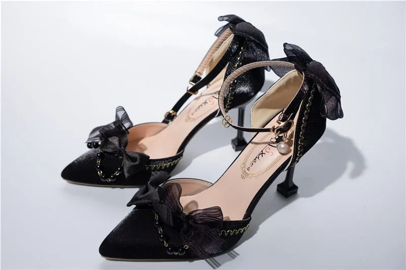 xiangtuibao Princess Female Kawaii Tea Party Japanese Cute Anime Lolita Shoes Women Harujuku Cosplay Bow Pointed Toe Feminine High Heel 8cm