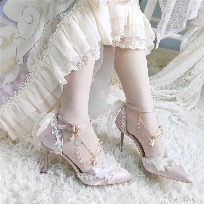 xiangtuibao Princess Female Kawaii Tea Party Japanese Cute Anime Lolita Shoes Women Harujuku Cosplay Bow Pointed Toe Feminine High Heel 8cm