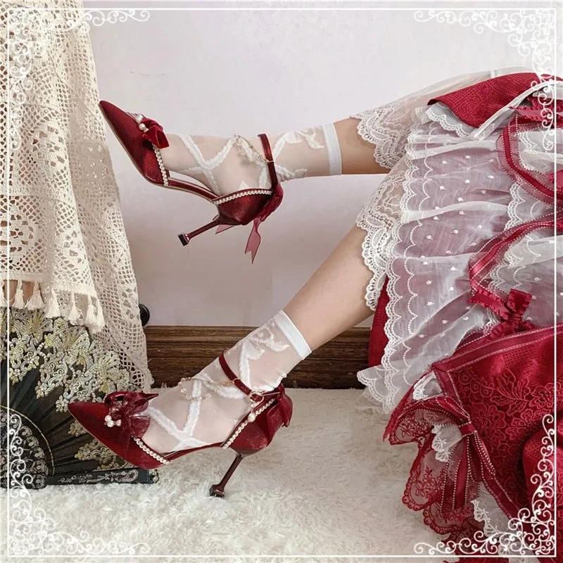 xiangtuibao Princess Female Kawaii Tea Party Japanese Cute Anime Lolita Shoes Women Harujuku Cosplay Bow Pointed Toe Feminine High Heel 8cm
