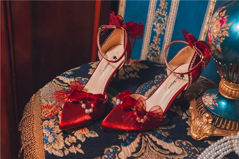 xiangtuibao Princess Female Kawaii Tea Party Japanese Cute Anime Lolita Shoes Women Harujuku Cosplay Bow Pointed Toe Feminine High Heel 8cm